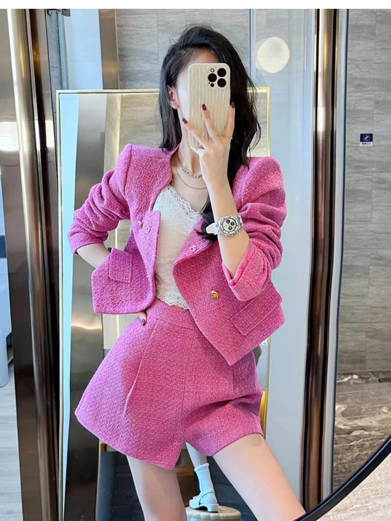 Womens Tracksuits Sweet Girl Elegant Suit Autumn Tweed Square Collar Double Breasted Jacket High Waisted Shorts Fashion Two-piece Set