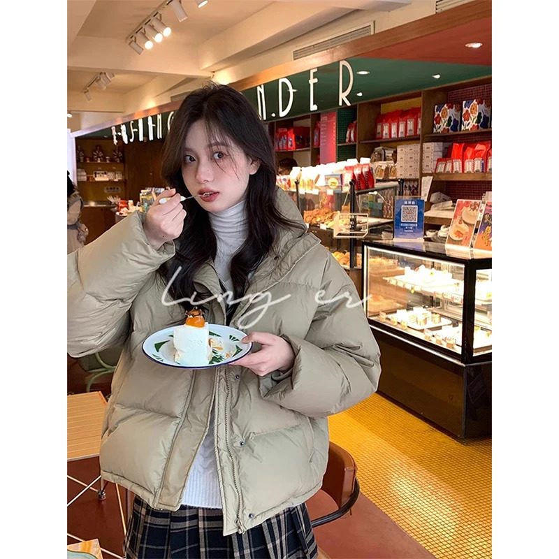 Short Parka Streetwear Cropped Down Coat Korean Sweet Puffer Jacket Winter Solid Casual All Match Cotton Padded Outwear 241115