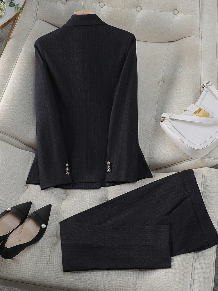 Womens workwear 2piece set of black blue striped formal jacket and Trouser 241115