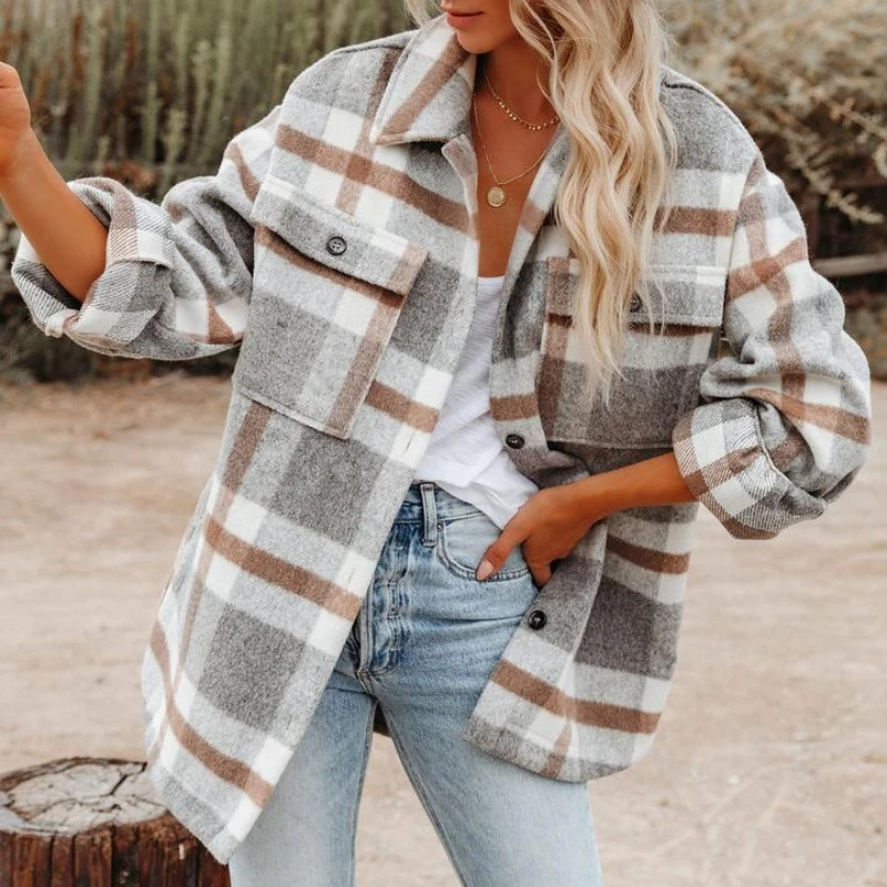 Womens Flannel Plaid Long Sleeve Button Down Shirts Jacket Coats with Side Pockets Casual FallWinter Loose Fit Coat for Women 241108