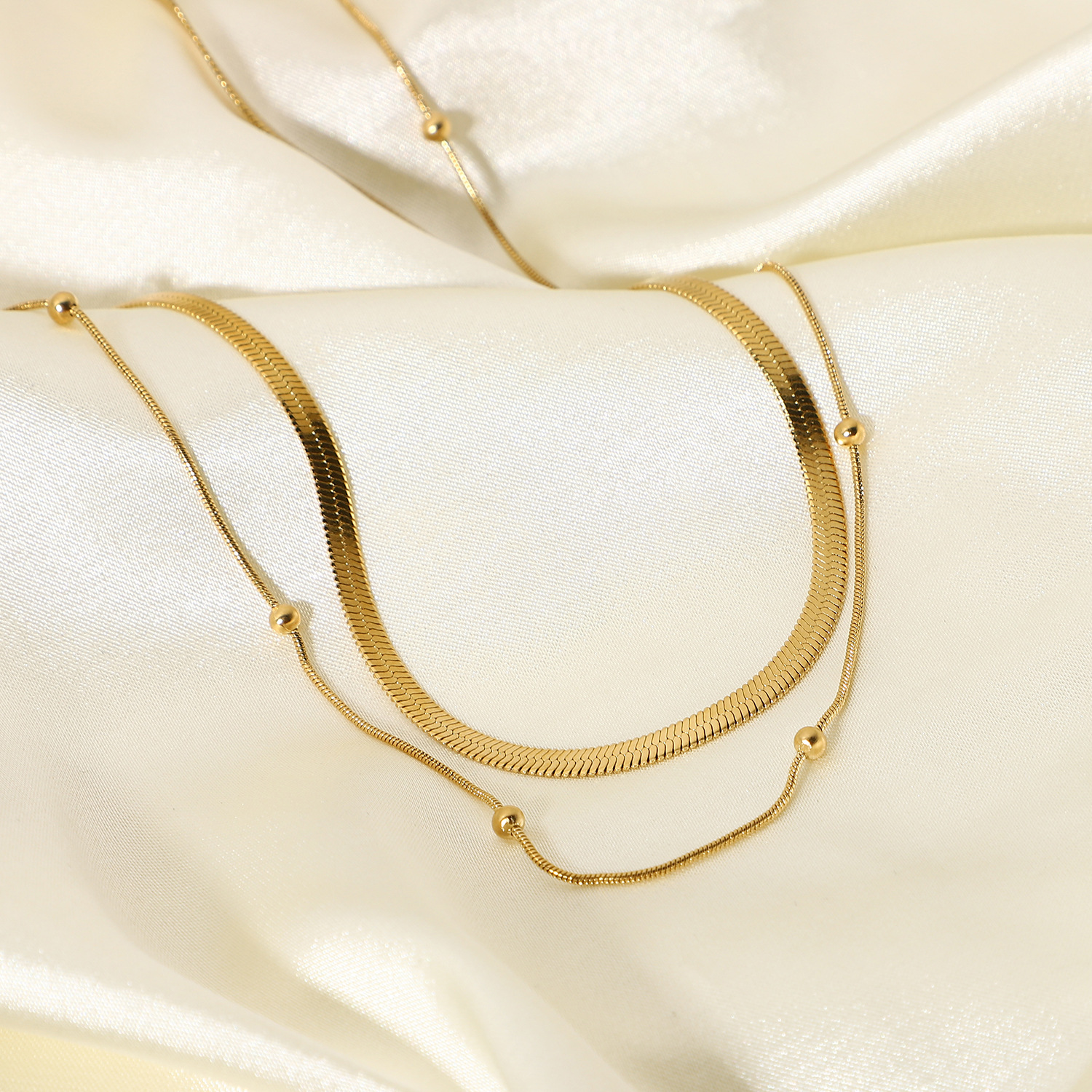 INS Designer New Fashionable Stacked Stainless Steel Collar Necklace for Women 14K Gold-plated Round Bead Chain Snake Chain Necklace Jewelry Wholesale
