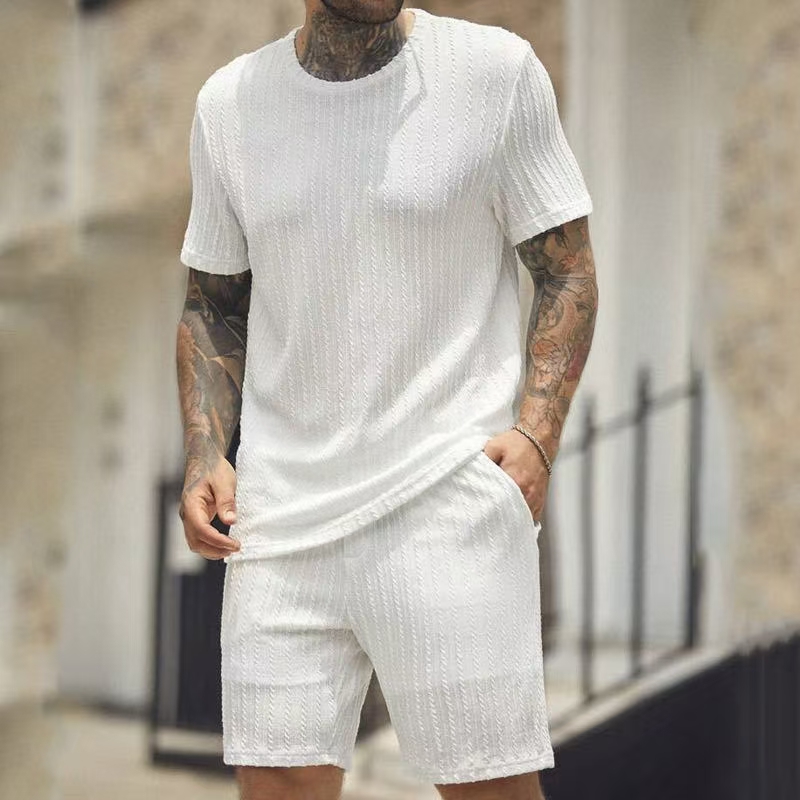 Designer men's sports suit solid color round neck pullover vertical T-shirt shorts two-piece casual suit