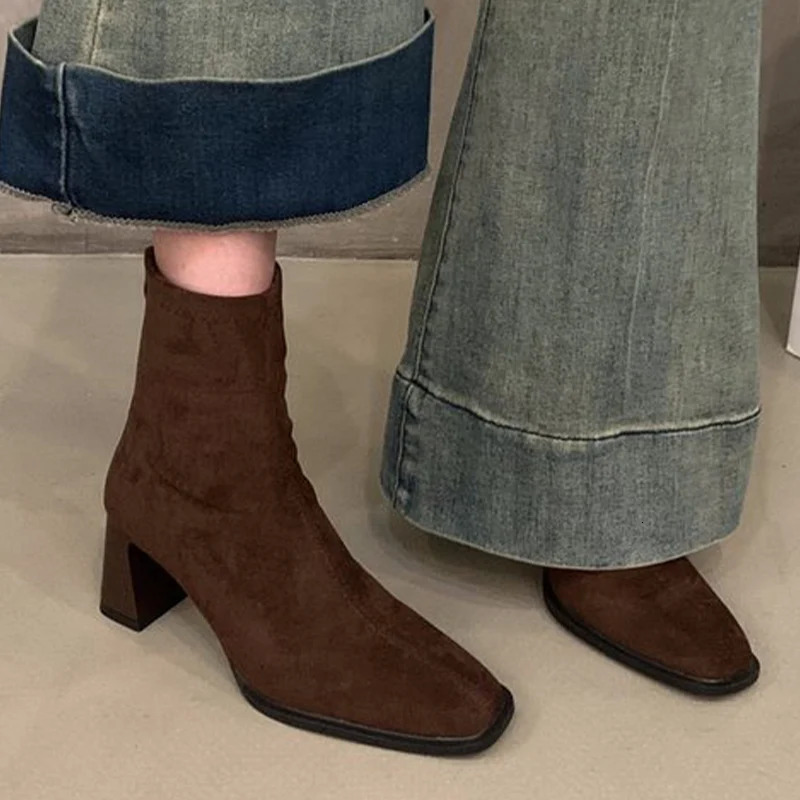 High heels womens snow collar boots suede square toe winter er Chelsea boots 2024 trend gothic gladiator Bottas de Mujer 241115