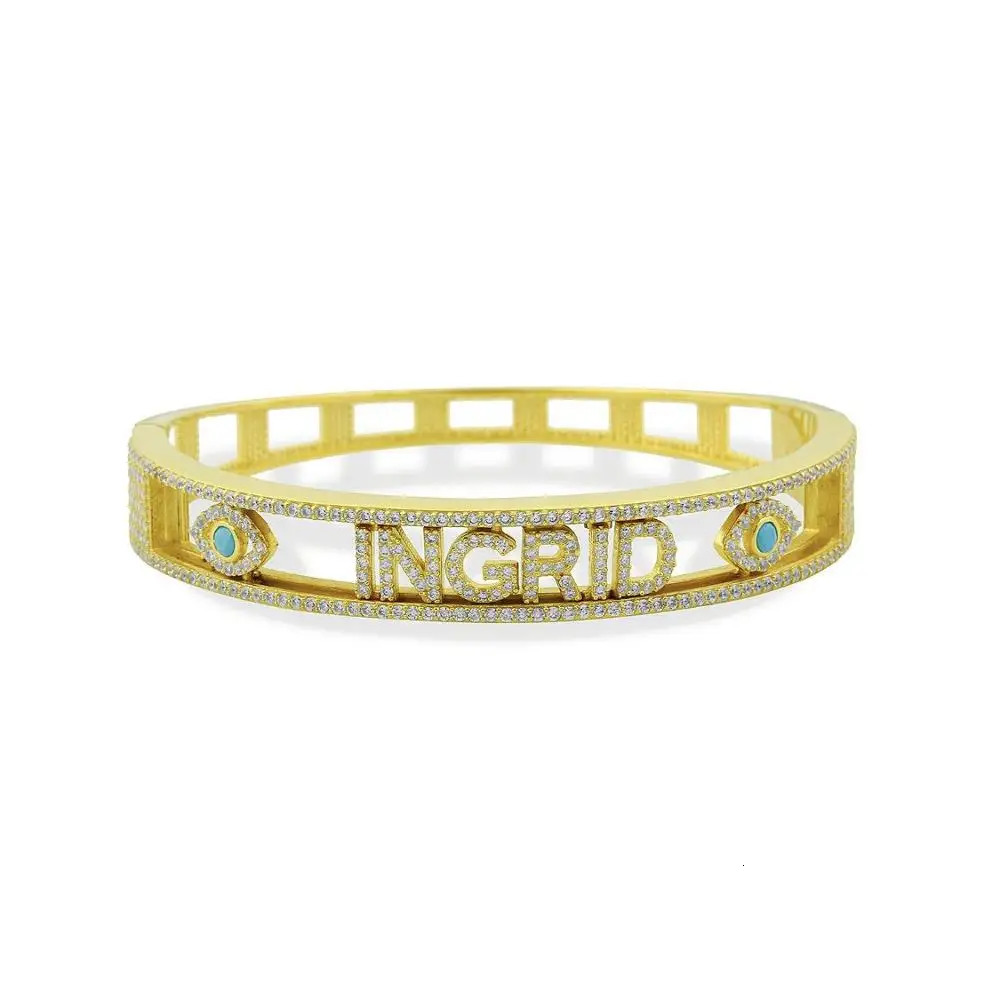 Custom Personalized Name Bangle Letters Heart Evil Eyes Charm Bracelet Ice Out Pave 5A Shiny Cz for Woman Jewelry Gift 240416