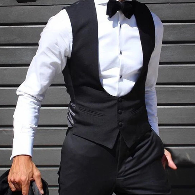 Black Men Vest for Wedding Groom Slim Fit Suit Waistcoat Solid Color Male Fashion Coat 241115