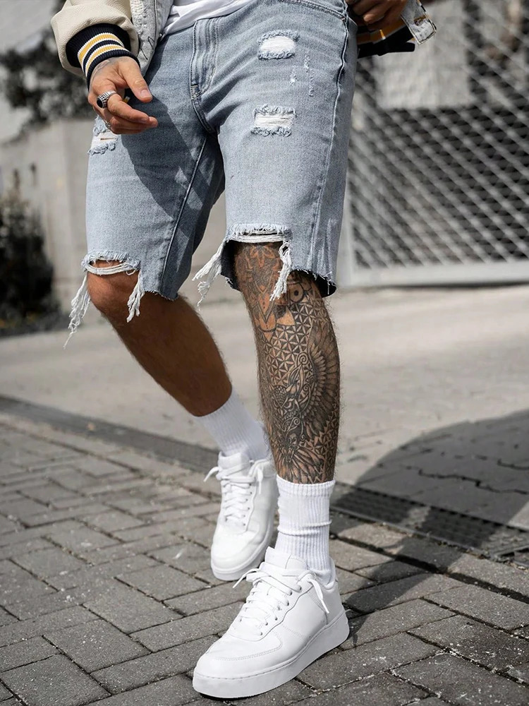 Mens Summer Casual Personality Irregular Foot Denim Shorts Wool Ripped Vintage Street Fifth Jeans 241115