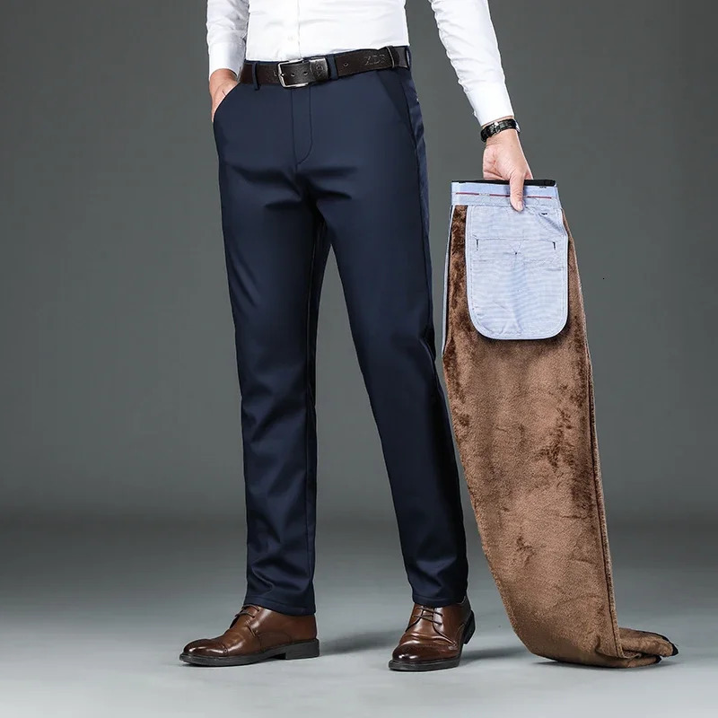 Flannel thick mens casual pants Navyblue winter wool business elastic warm plush Trouser ultrathin straight 241115