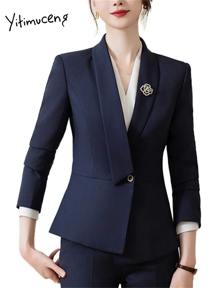 Yitimuceng Formal Work Pants Suits Korean Office Womens Solid Ultra Thin Long Sleeve Jacket Pencil Two Piece Set 241115