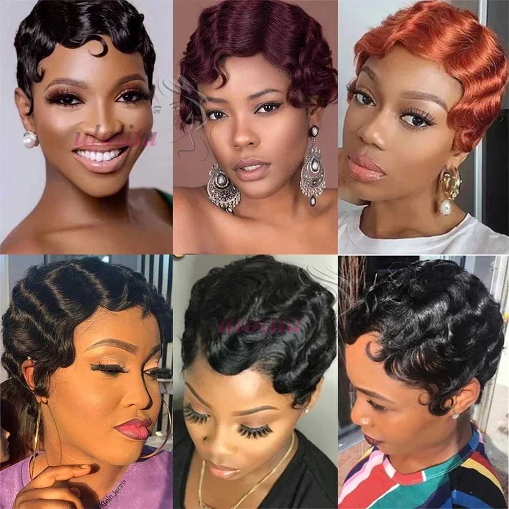 Cutting Finger Wave Short Bob Wig Suitable for Black Female Human Hair Ocean Wave Short Indian Human Hair Wig 13X1 Lace Front Wigs W241116