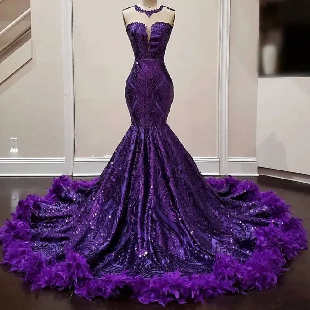 Purple Feathers Mermaid Prom For Black Girl Sequin Birthday Women Party Dresses Robes De Bal Evening Gown 0219