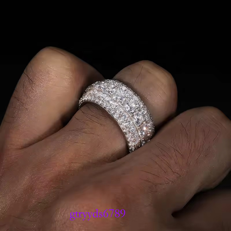 Hip Hop Iced Out Sier Pass Dia Tester 5 Rows VVS Moissanite GRA Rapper Dazzg Sparkly Eternity Band Ring For Men