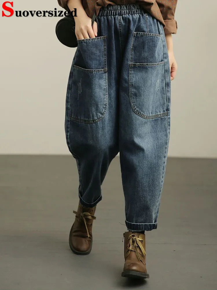 Baggy Hight Waist Harem Jeans Woman Korean Streetwear Ankle Length Denim Pants Spring Fall Vintage Casual Pocket Kot Pantolon 241108