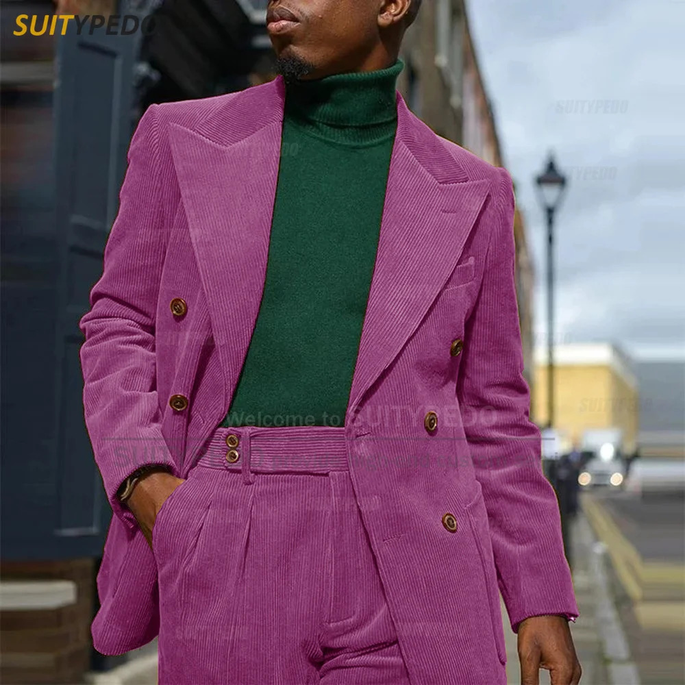 Corduroy Men Suits Slim Fit Set Double Breasted Blazer Pants 2 Pieces Tailormade Business Party Wedding Tuxedos for 241115