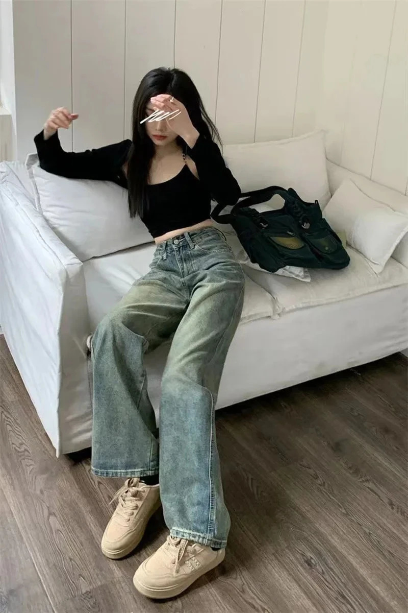 Y2K Baggy Casual Wide Leg Jean Streetwear AllMatch Washed Denim Trousers Female Vintage 90S High Waist Straight Pants 241108