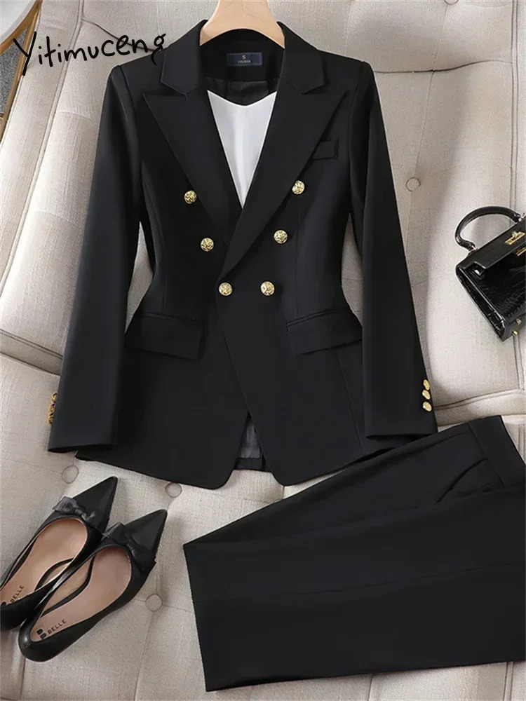 Yitimuceng Elegant Office Womens Two Piece Set Double Chest Long Sleeve Jacket Loose Casual Pants 241115