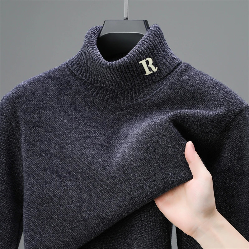 Mens Pulled Knitted Sweater Winter Style Korean Trend Letter Embroidery Plush Thick Collar Pulled 241112