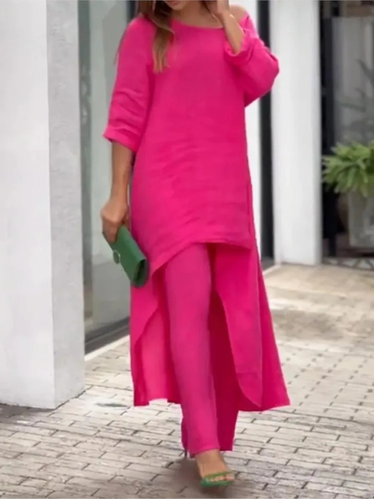 Womens Cotton Linen Long Pants Sets Fashion Solid Casual Irregular Tops Wide Leg Pant Suits Office Lady Two Piece Clothes 241115