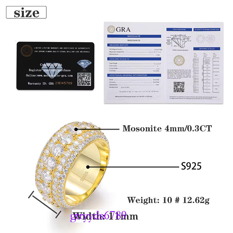 Fine Jewelry Iced Out Hip Hop Cuban k Gold Plated Sterg Sier VVS Moissanite Dia Finger Band Ring For Men