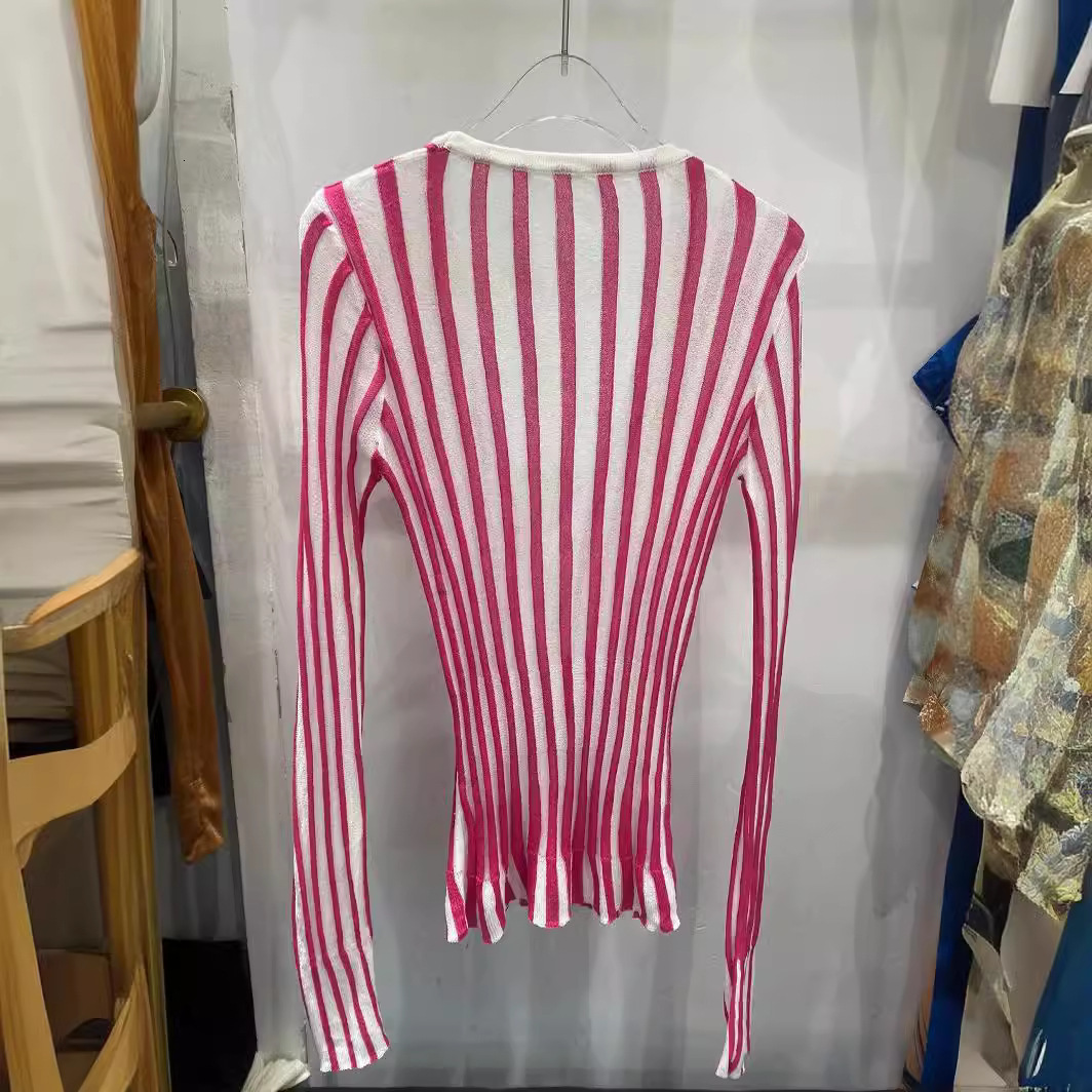 New top womens V-neck vertical stripe elastic slim fit versatile long sleeved knitted sweater cardigan top 210525