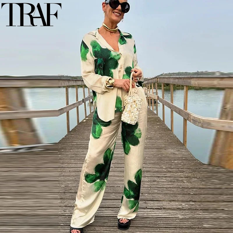 TRAF Print Pants Set Women 2 Piece Flower Green Shirt High Waist Baggy Sets Casual Summer WomenS Top And Bottom 241115