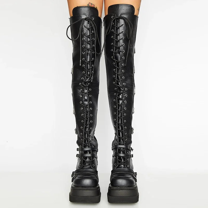 Punk Over-the-knee Boots Women Platform Heels Belt Buckle Boot Motorcycle Goth Shoe Thigh High Flat Boots Plus Size 42 43 241115