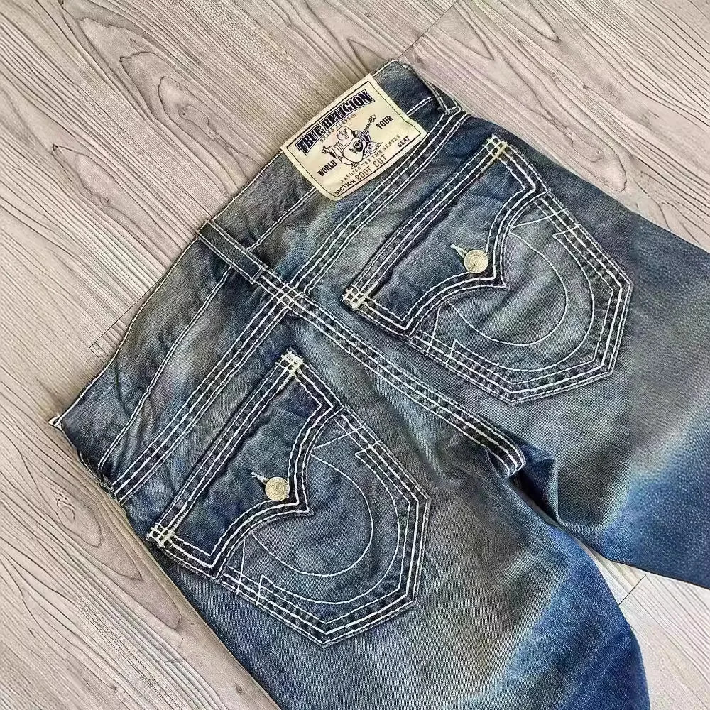 Y2K American high street fashion Buddha religious jeans black and white thick line mens straight leg casual pants 241115