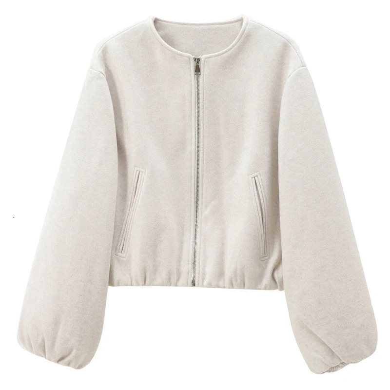 HXAO coarse woolen crop jacket womens womens bomber jacket soft gray beige jacket autumn long sleeved O-neck jacket casual jacket 241115