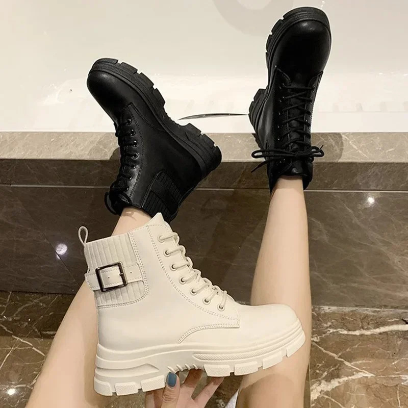 Women White Ankle Boot PU Leather Thick Sole Lace Up Combat Booties Female Autumn Winter Platform Shoes Rubber Cow Boots 241115