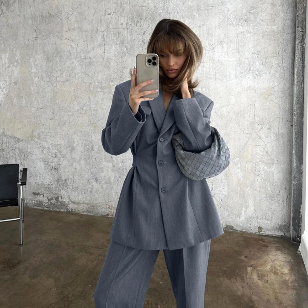 Slow Color Casual Waist Sports Jacket and Pants Set Flip Collar Three Button Womens Two Piece 241115