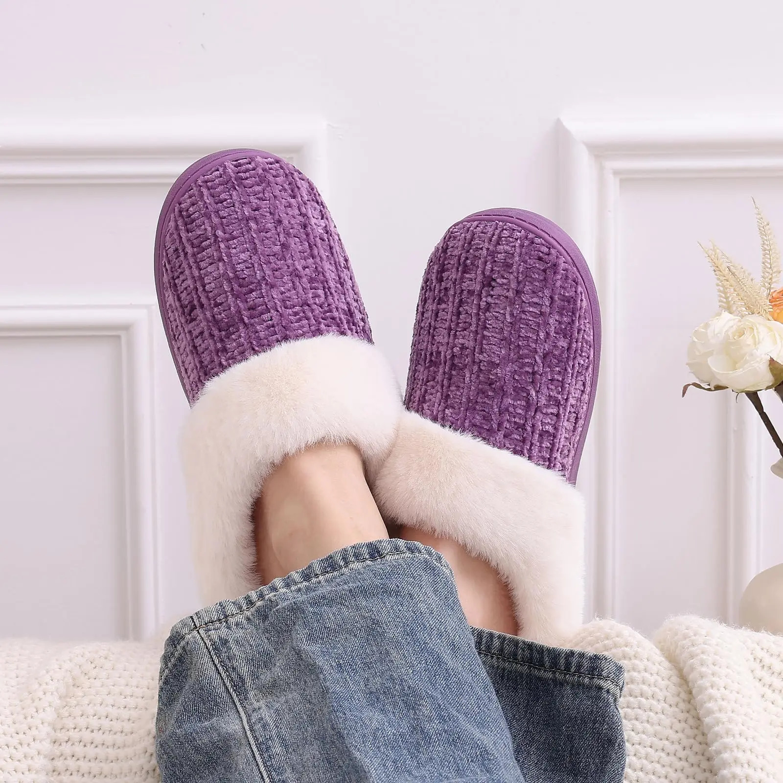 Shevalues Knit Plush Slippers Memory Foam Fuzzy Slippers Furry Fluffy Slides AntiSkid Rubber Sole Winter House Cotton Slippers 241115