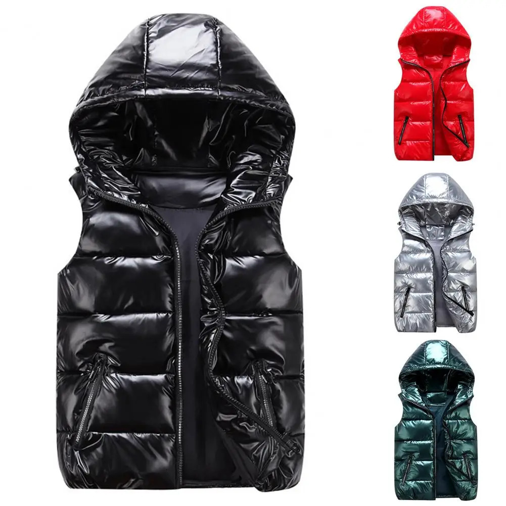 Mens/Womens/rens Tank Top Winter Hooded Glossy Cotton Tank Top Casual Tank Top Mens Sleeveless Jacket Warm Coat Hat 241111