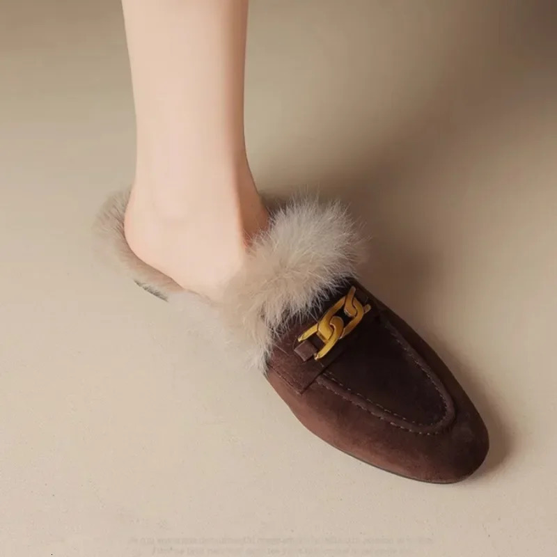 Winter Women Suede Warm Fur Slippers Mules Flats Shoes 2025 Short Plush Flip Flops Cotton Shoes Mujer 241115
