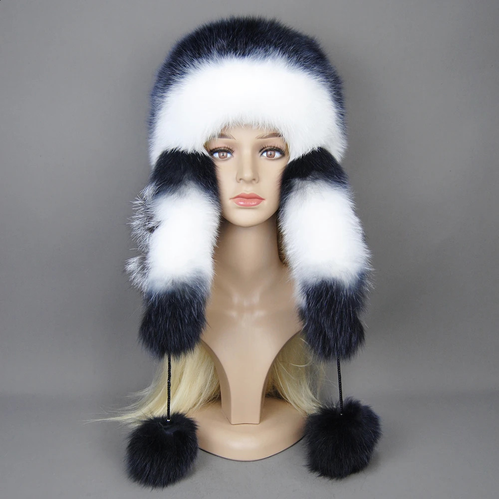 Lady Winter Warm 100 Natural Fur Hat Fashion Fluffy Rex Rabbit Cap Real Bomber Hats 241116