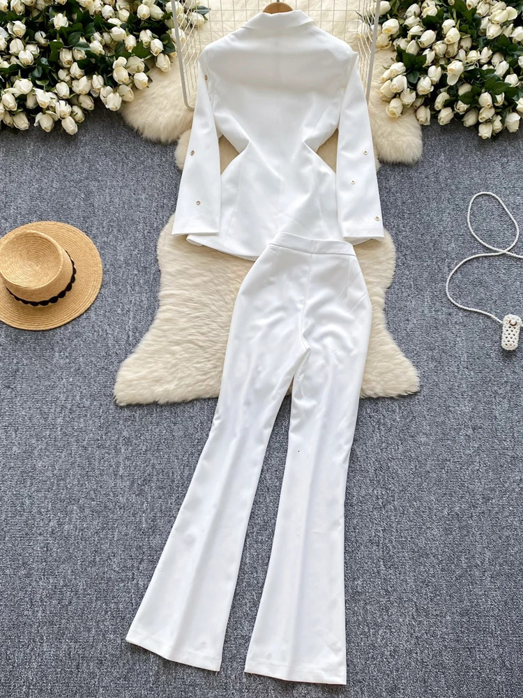 Womens Metal Buckle Jacket 2piece Set AutumnWinter Single breasted and High Waist Shining Pants Slim INKEO 4O084 241115