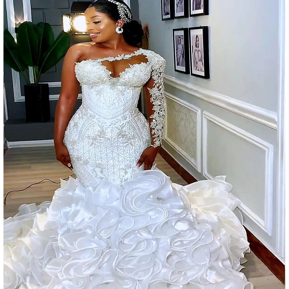 Arabic Aso Ebi Plus Size Mermaid White Wedding Dress For Bride Lace Beaded Tiers Organza Bridal Gowns Dresses Zj047 6660311