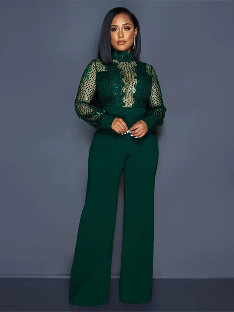 Streetwear Sequins Lace Patchwork Jumpsuit Women Autumn Clothes Solid Full Sleeve Rompers Playsuits One Pieces Overalls Outfits 241116