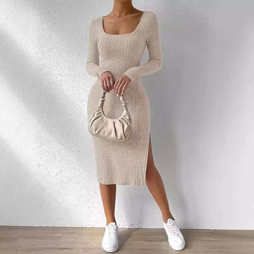 Autumn and winter new square collar long sleeved hem slit jacquard brushed dress for women