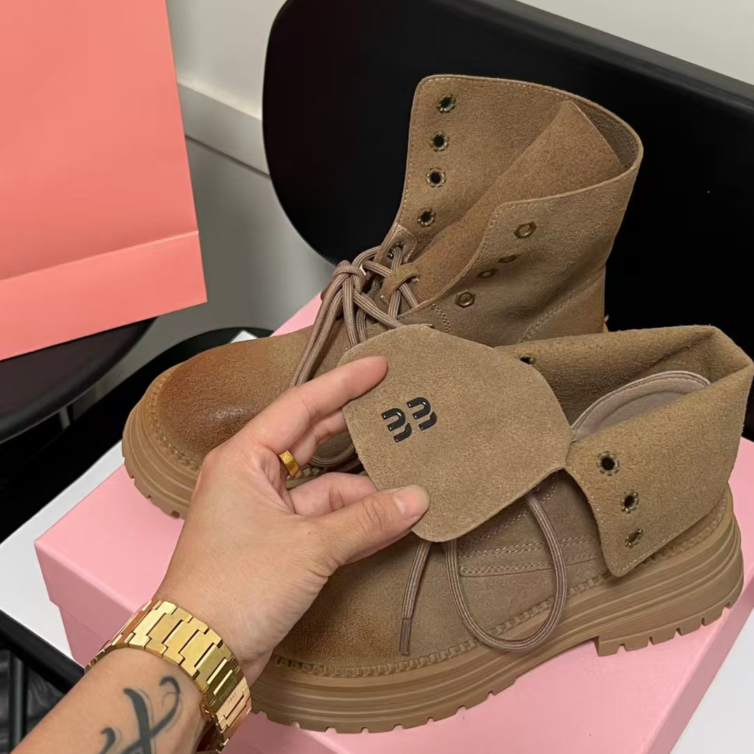 Ankle Woman Cowboy boots Winter Round Toe Lace-up Short Womens Platform Designer Knight Boots Shoes with box