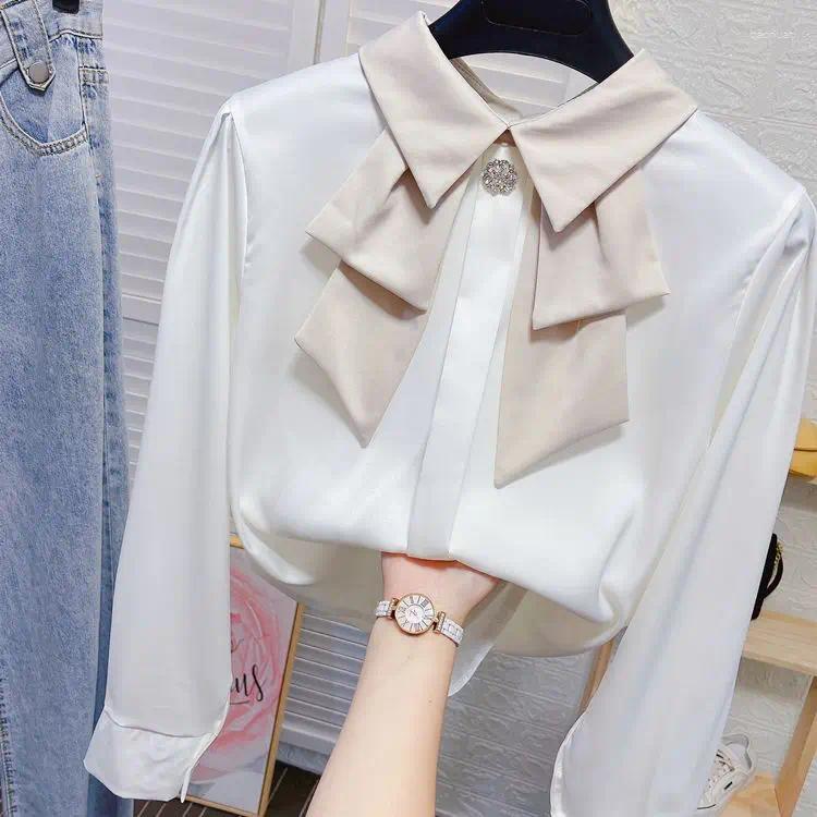 Womens Blouses Small Bow Tie Doll Collar Shirt Feminine Temperament OL Fashionable Base Loose Drape Fluttering Sweet Top