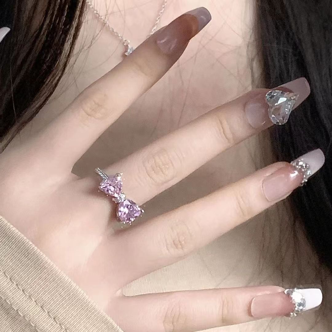 Free shipping 2024 Spring Summer Cute Pink Bow Butterfly Rings for Women Girls Sweet Bowknot Charm Crystal CZ Zircon Dia Designer Chinese Nail Finger 