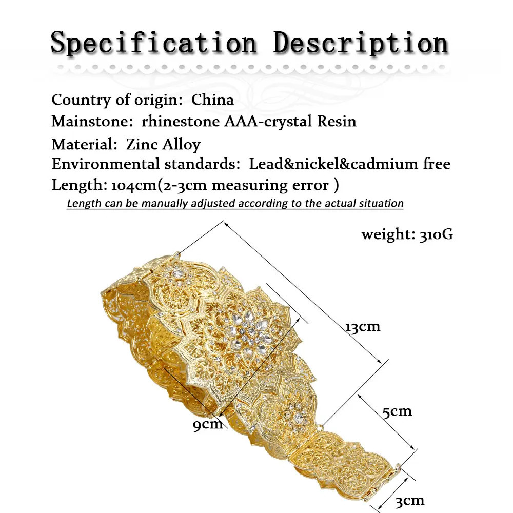 Sunspicems Gold Color Moroccan Caftan Belt For Women Dress Waist Chain Arabic Bride Wedding Jewelry Robe Sash Body 240401