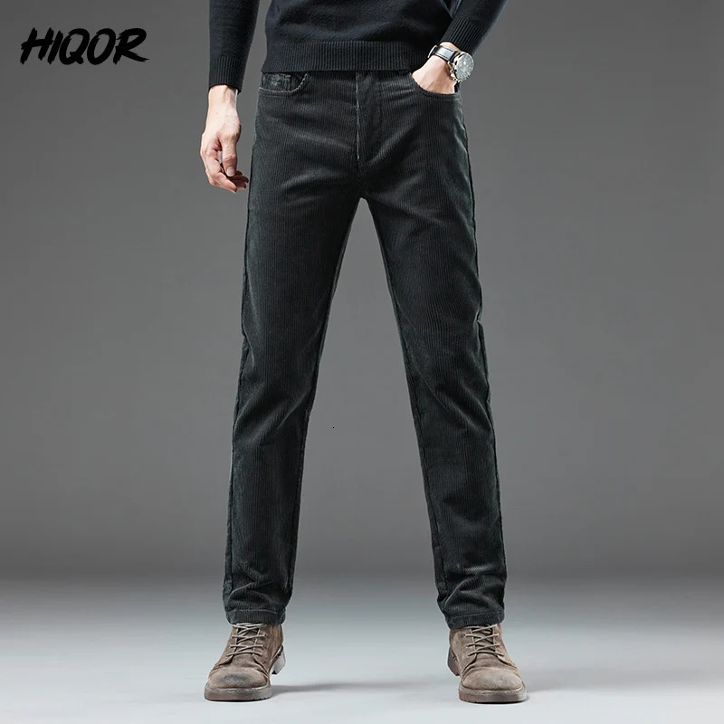 HIQOR Mens Corduroy Pants Winter Thick Warm Business Straight Casual Fashion Korean Wool Green Pocket 241115