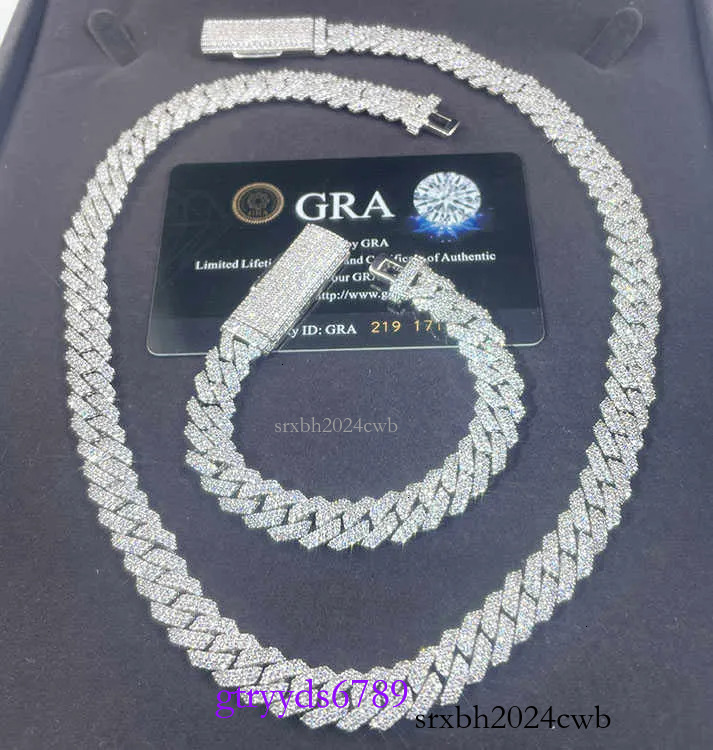 S Solid Sier Chain Jewelry 2rows 10mm 12mm Width GRA Moissanite Dia Cuban k chain Hip Hop Necklace