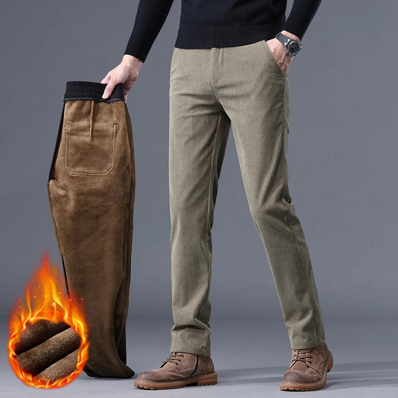 Khaki black gray wool mens denim casual pants chenille thick stretch business rise winter 241115