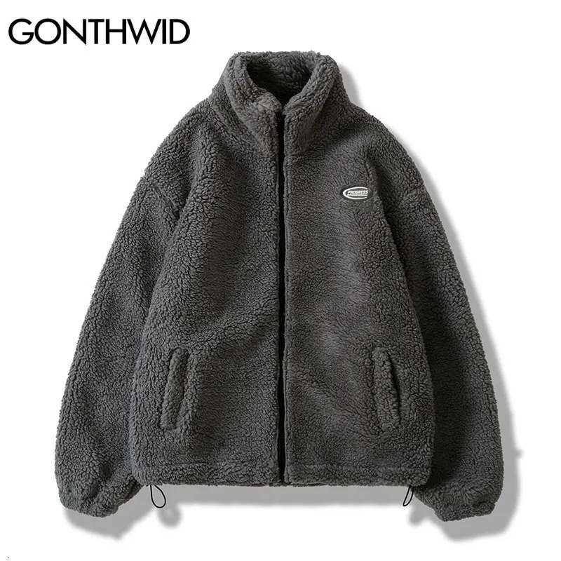 Hip Hop Winter Fleece Fluffy Jacket Streetwear Harajuku Fuzzy Zipper Coat Men Autumn Solid Color Lightweight Jackets Black Beige 241108
