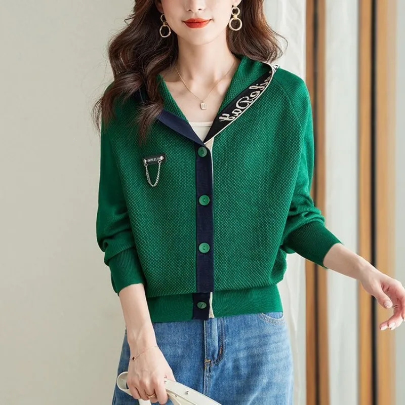 Women Clothes Autumn Winter Casual Hooded Knitting Cardigan Coat Fashion Office Lady Loose Solid Color Long Sleeve Tops 241108