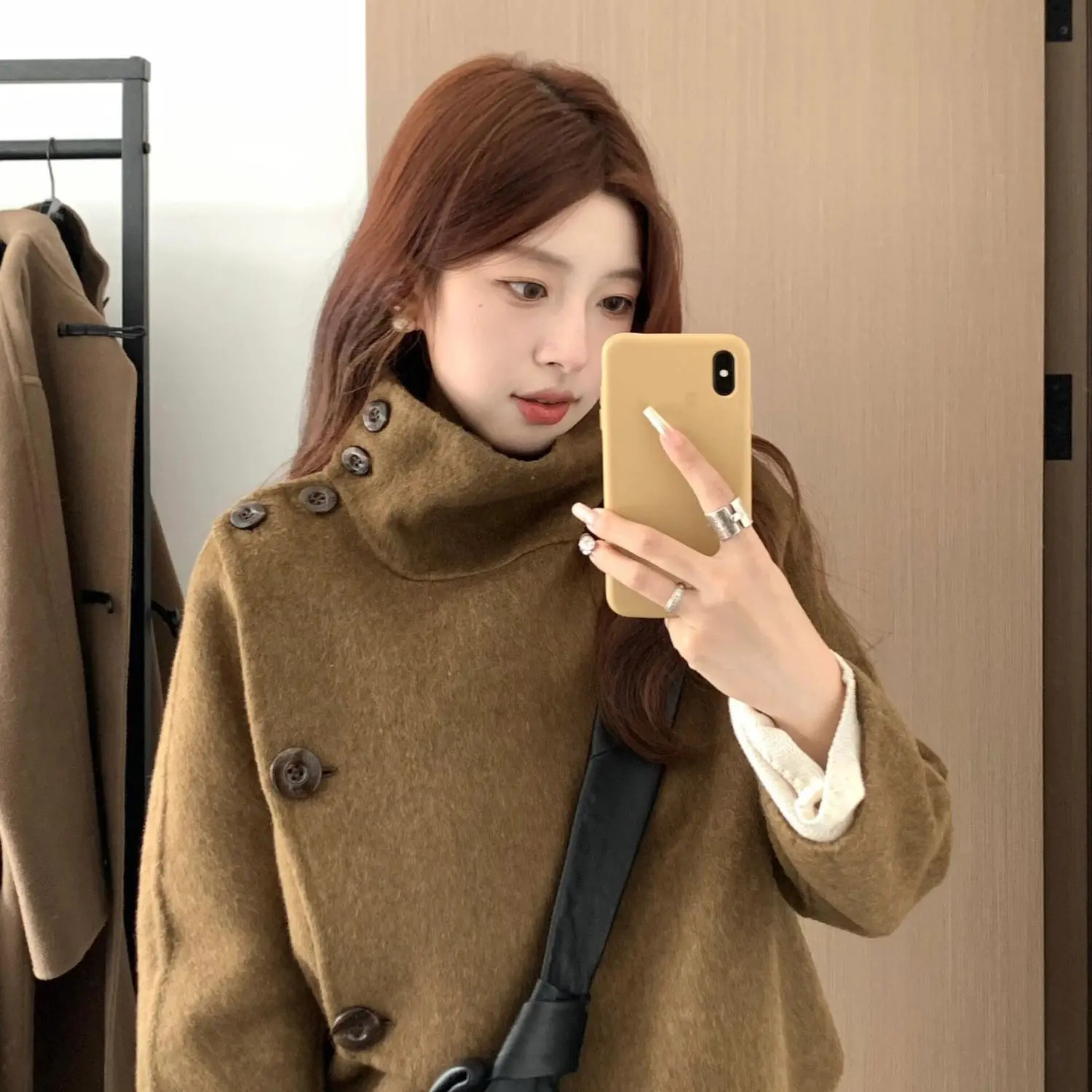 2024 Women High Collar Irregular n Wool Coat Autumn Loose Fashion Elegant Casual Outerwear Korean 241108