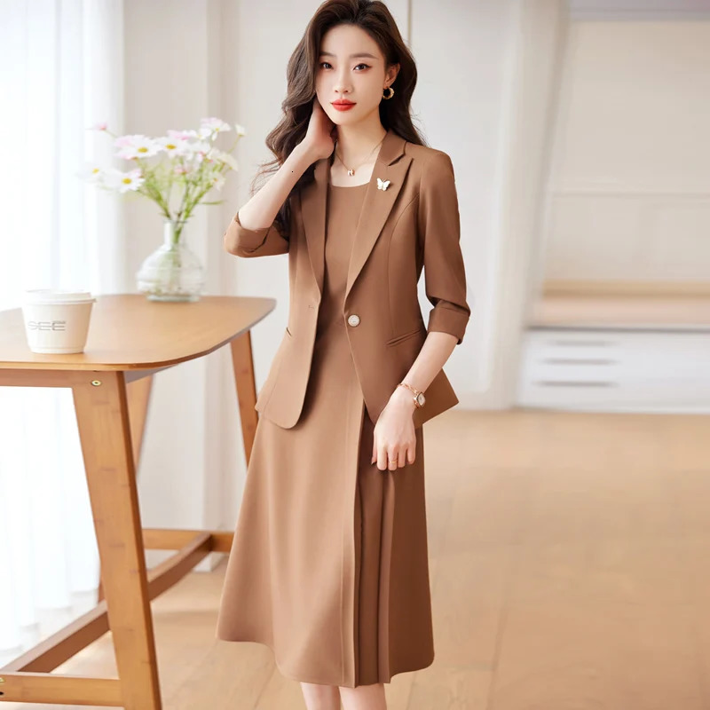 Elegant professional womens clothing fashionable minimalist style showcasing workplace dresses paired with jackets in the set 241115
