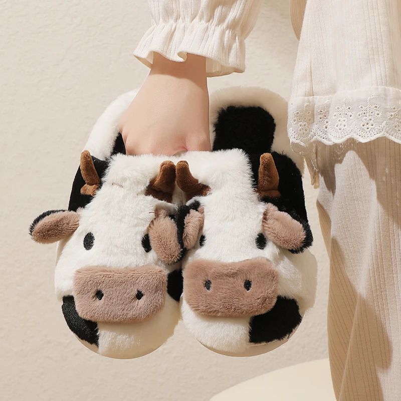 Winter Unisex Cartoon Cow Warm Plush Slippers Couples Indoor Nonslip House Slides Men And Women Toe Wrap Home Cotton Shoes y241115