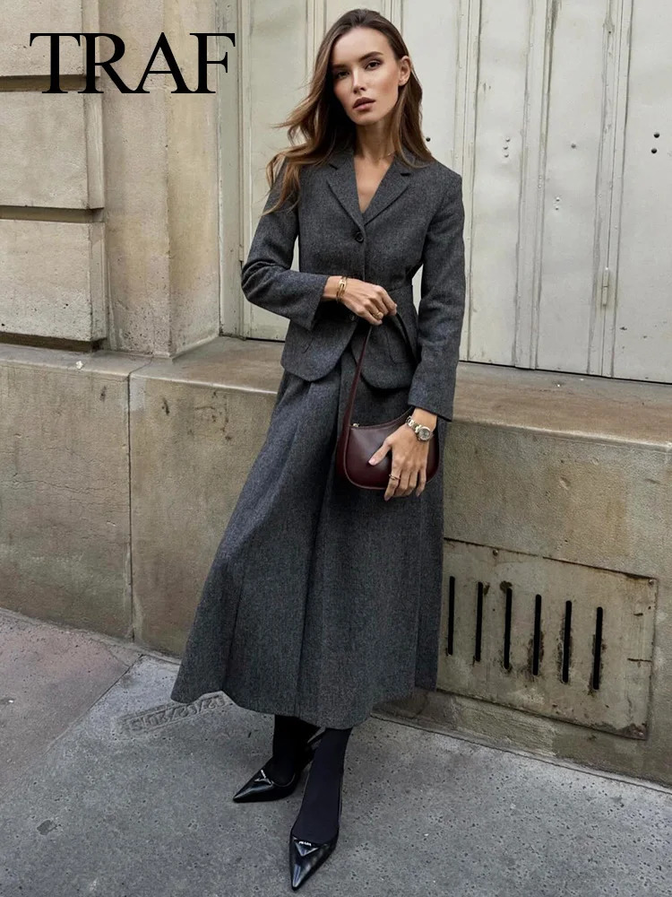 TRAF Autumn Womens Clothing Trend Solid Vneck Texture Slimming JacketWrinkled Commuting Office 241115